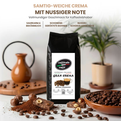 Cafferato Caffè Gran Crema – 1kg Kaffeebohnen | Espresso Italiano | Säurearm, mit Nuss- & Schokoladennoten | Ganze Bohnen