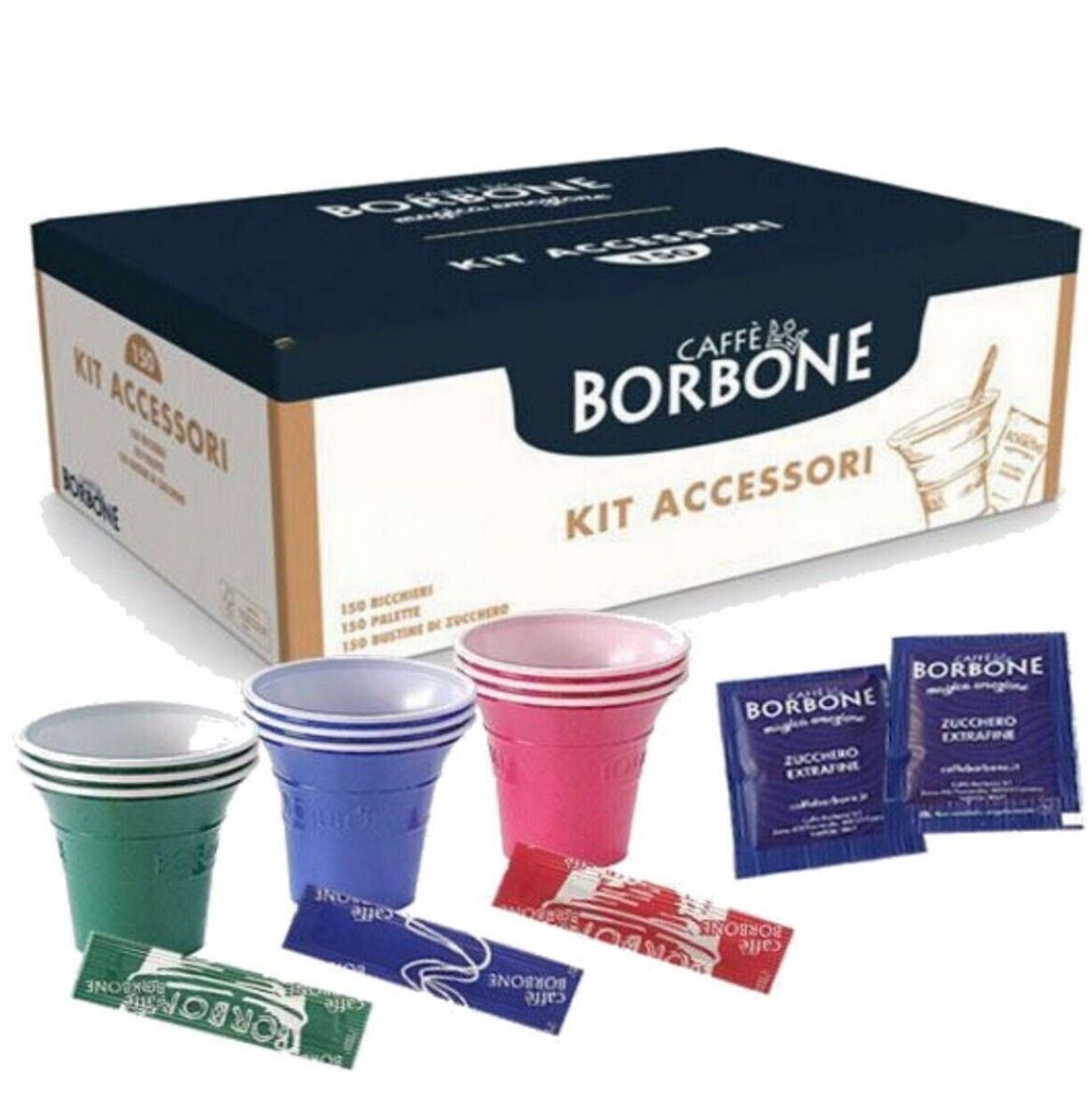 Borbone Kit 150 Becher Rührstäbchen und Zuckerbeutel